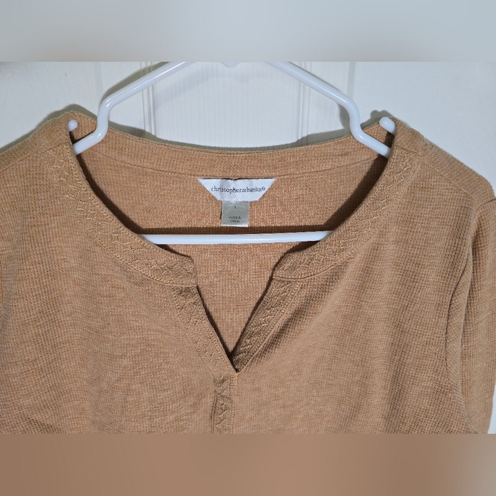 Christopher & Banks Womens Tan Waffle Y2K V Neck Long Sleeve Top - Picture 9 of 10
